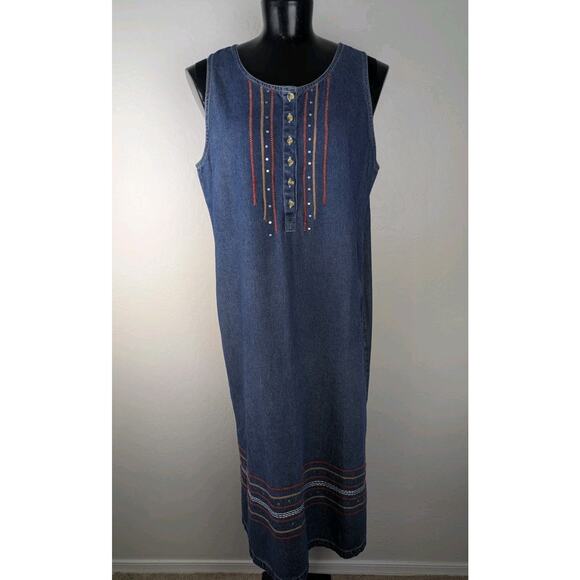 Vintage CST Blues 1X denim sleeveless maxi dress modest red yellow stitching - Picture 1 of 7